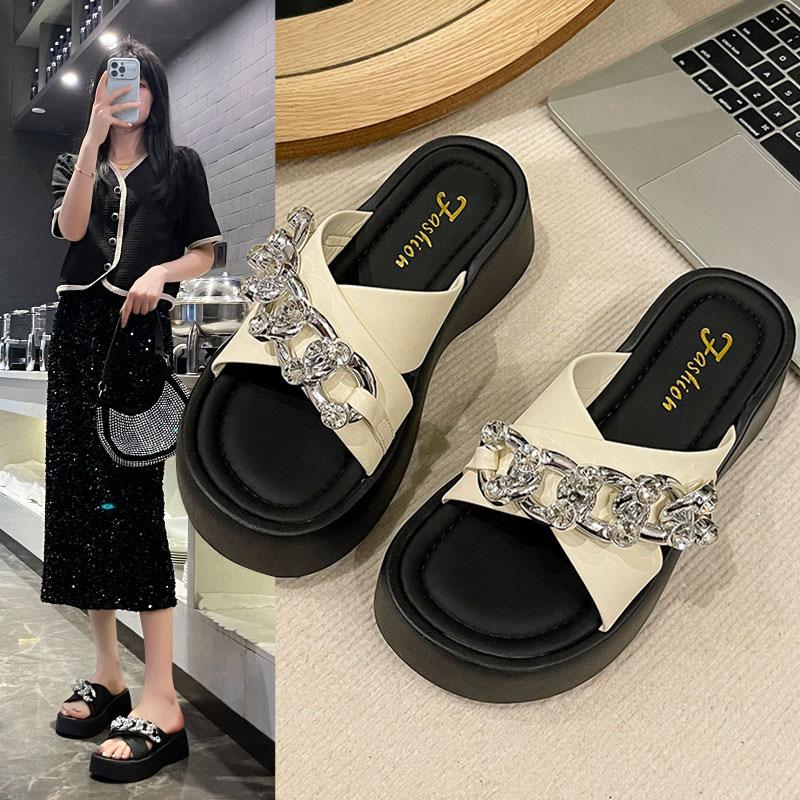 Thick-bottomed cool slippers for women's outer wear 2025 summer new high-value metal chain soft bottom cross with high-heeled slippers for women
