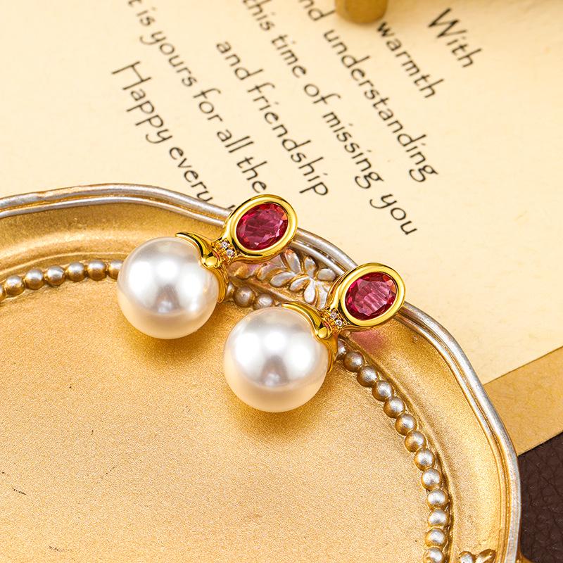 Brincos Franceses Retrô de Alto Nível com Pérola Vermelha e Rubi