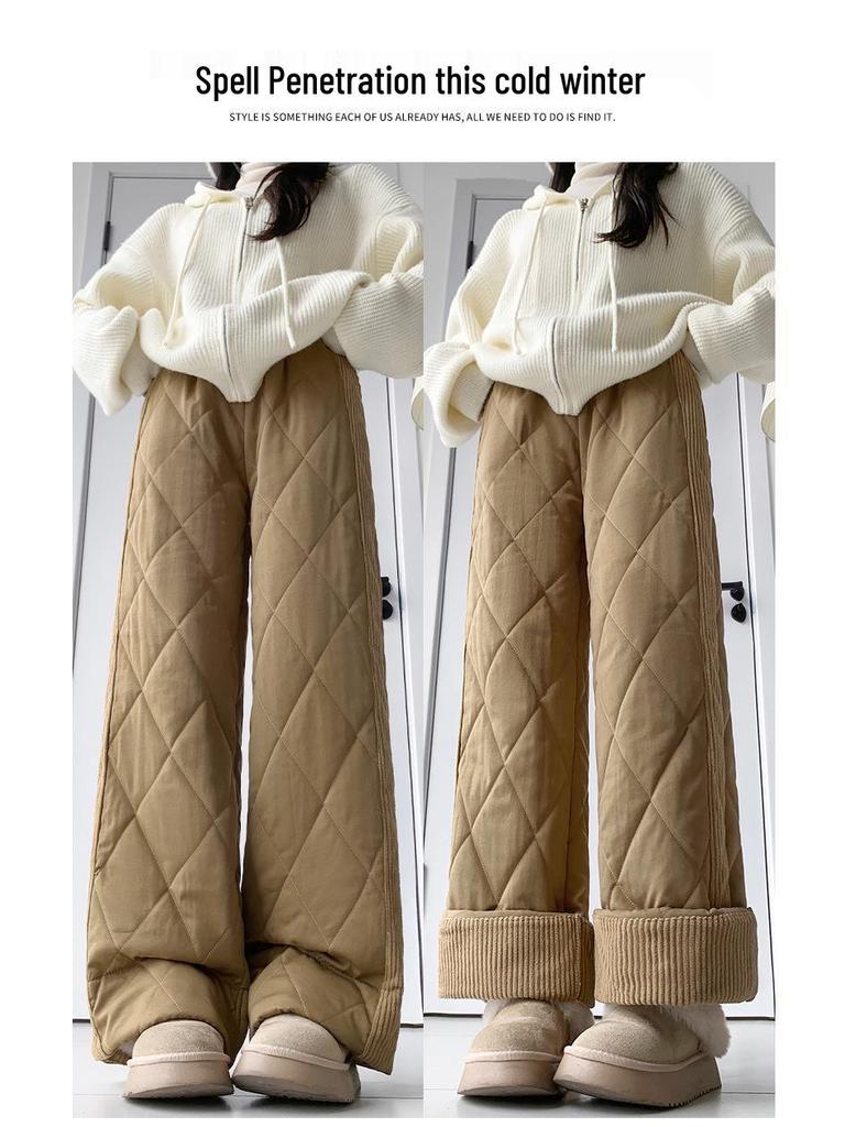 Women's Thick Fleece-Lined Patchwork Wide-Leg Winter Pants