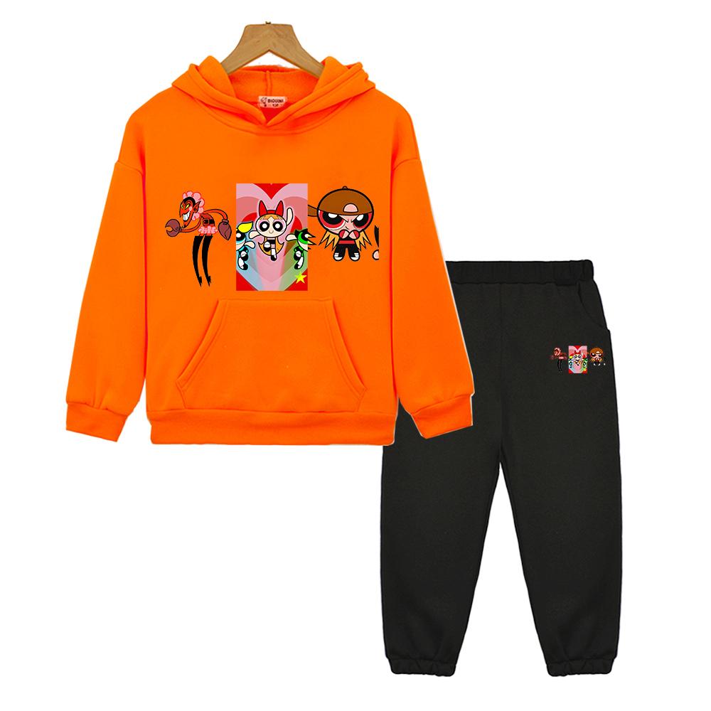 children clothes powerpuff girls anime hoodie Fleece sweatshirt 2pcs pullover+pants Sport Hooded Sets girl outfit boy clothing