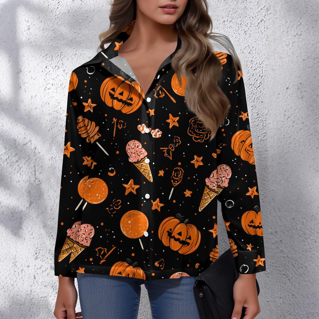 Women's Halloween Printed Casual Half-Open Collar Long Sleeve Shirt