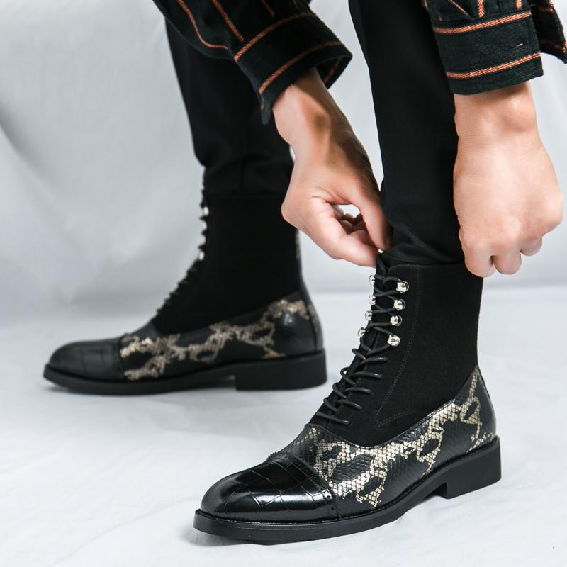 Winter New Fashion Snakeskin Pattern Mixed Motorcycle Ankle Boots Pointed High Tops For Men Flats All Match Shoes Zapatos Hombre