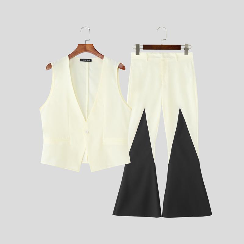 INCERUN Two Pieces Men Sleeveless Waistcoats Long Stitching Flare Pants Sets