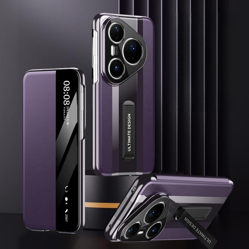 

For Huawei Pura 80 Pro Plus Ultra Top Grain Genuine Leather Case Smart View Window Skin Handling Invisible Metal Kickstand Cover Genuine Leather&Huawei Pura 80 Pro+ фіолетовий