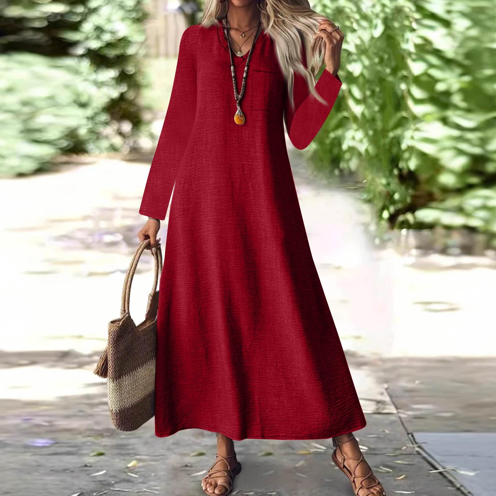 

Женская мода V-образный вырез длинный рукав карман однотонный молния повседневный отпуск длинные хлопково-льняные платья винный