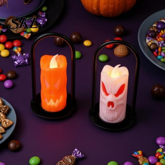 Halloween Party Lights LED Flameless Pillar Candles, Spooky Face Handheld Candle Light, Battery Ambiance Lighting Operated Flickering Fake Candles for