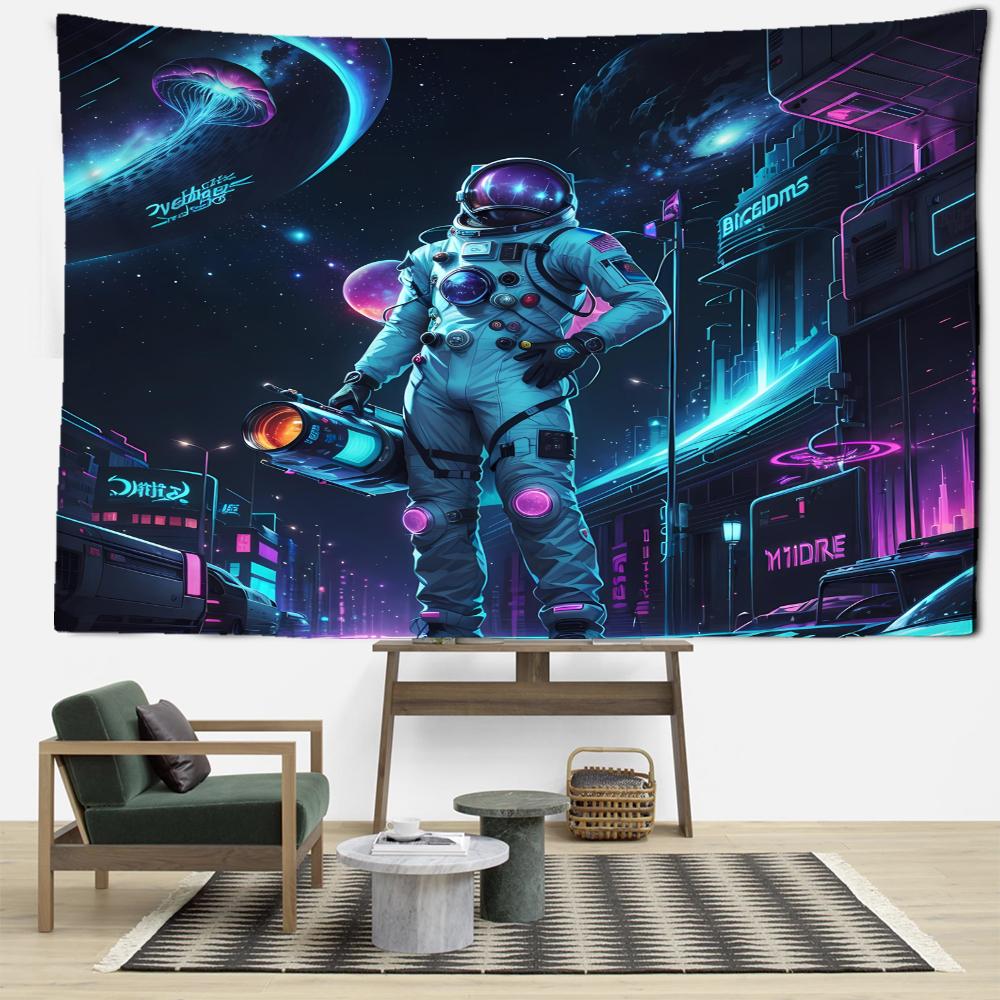 Tapiserie de perete suspendată cu astronaut de stradă neon, artă minimalistă psihedelică, hippie, tapiserie, misterios, decor pentru casă, fundal, material textil
