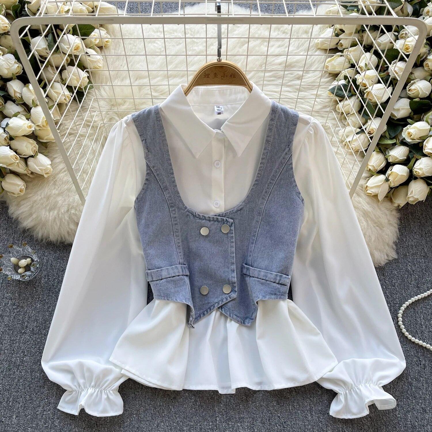 

Шикарный джинсовый жилет в стиле ретро в Гонконге, модные сложенные универсальные рубашки с короткими рукавами и пышными рукавами, комплект из двух предметов, топ One Size светло-синий