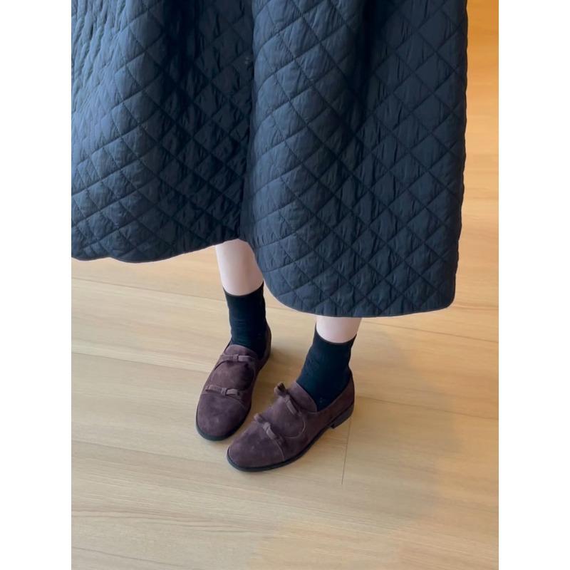 Cowhide version~ round head retro bow small leather shoes low heel one pedal simple Mary Jane single shoes women