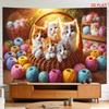 Decorative Kitten and Yarn Wall Tapestry Art Polyester Home Decor Print Cute Nursery Boho Cat Themed Artwork for Living Room