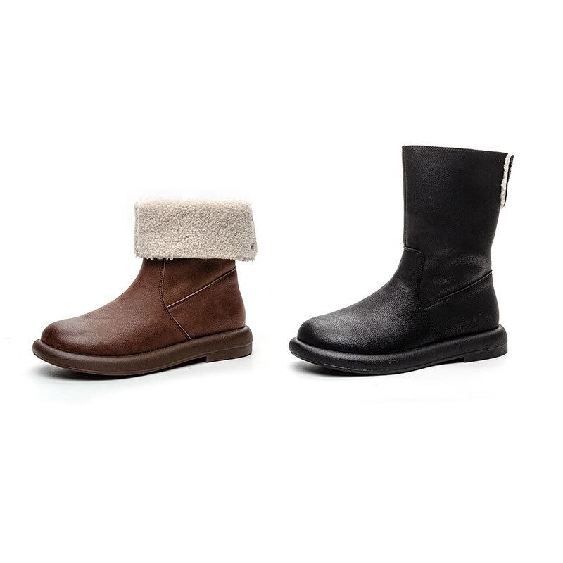 Winter retro versatile leather snow boots women's Korean version fashion velvet boots two wear casual black cotton shoes