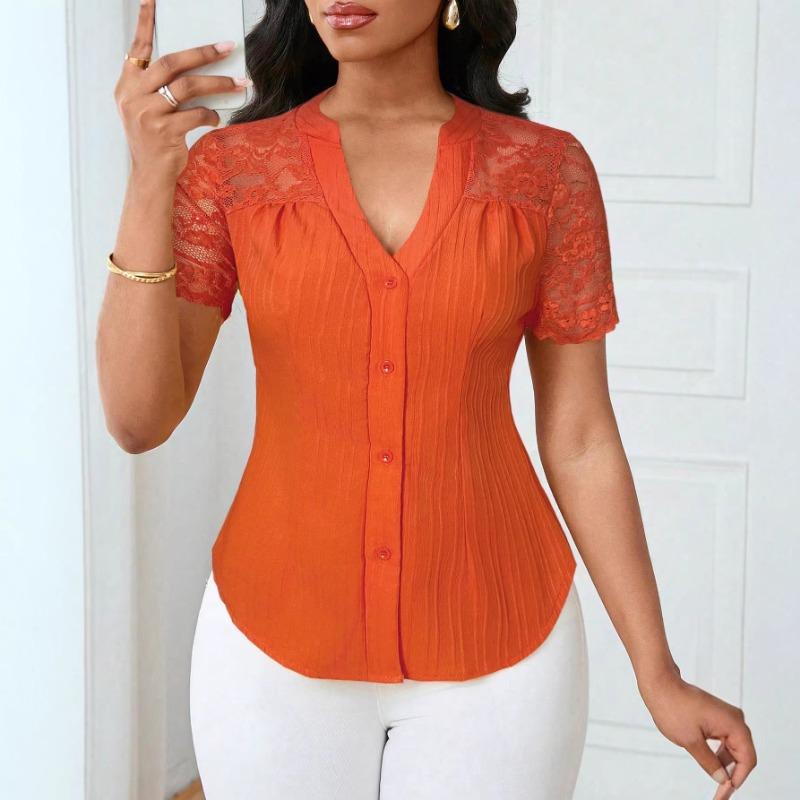

Women s Black Lace Shoulder V-Neck Button Down Blouse S помаранчевий