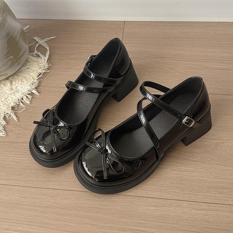 2025 summer thick high heel heightening French versatile new Japanese jk bow small leather shoes women's Mary Jane single shoes