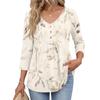 Damen 3/4 Ärmel V-Ausschnitt Knopfdetails Blumenmuster Tunika Oberteil Lässig Lockerer Schnitt Leichte Bluse