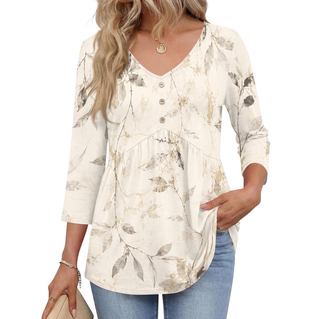 Damen 3/4 Ärmel V-Ausschnitt Knopfdetails Blumenmuster Tunika Oberteil Lässig Lockerer Schnitt Leichte Bluse