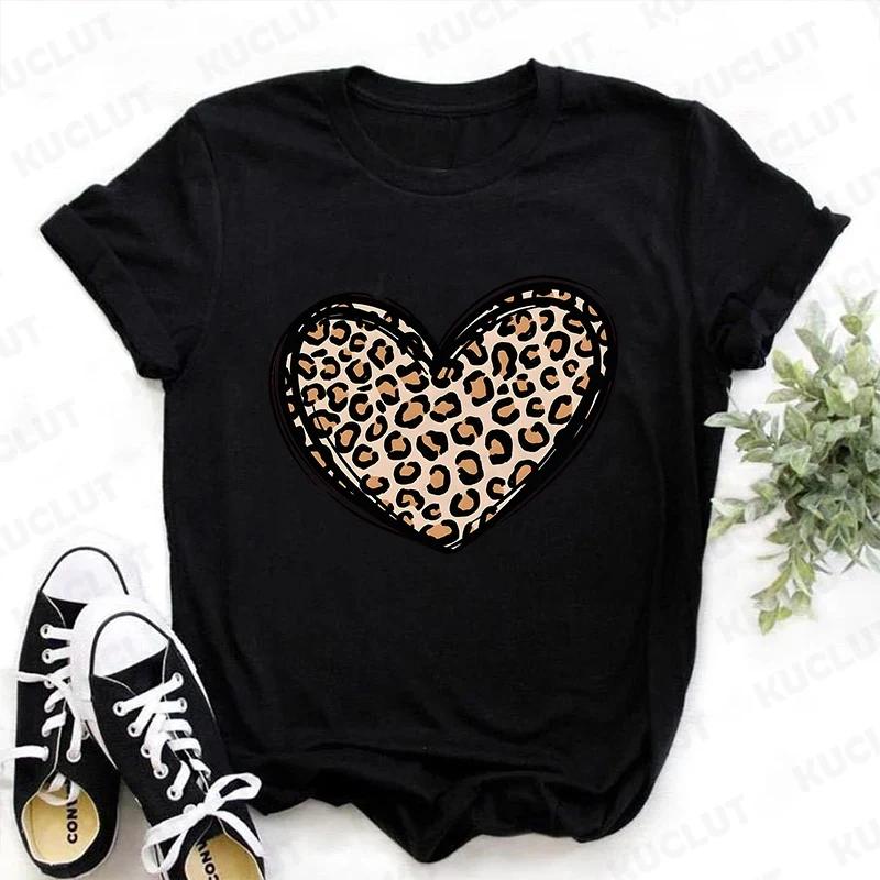 Fashion Unisex Tshirts Leopard Love Heart Print Tops Short Sleeve Clothing Ladies Harajuku Valentines Day Female Clothing