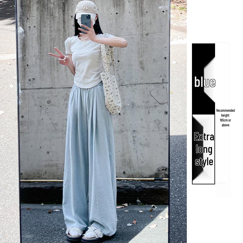 Women's Summer 2024 Ice Silk Wide-Leg Pants - White Textured Casual Petite Style