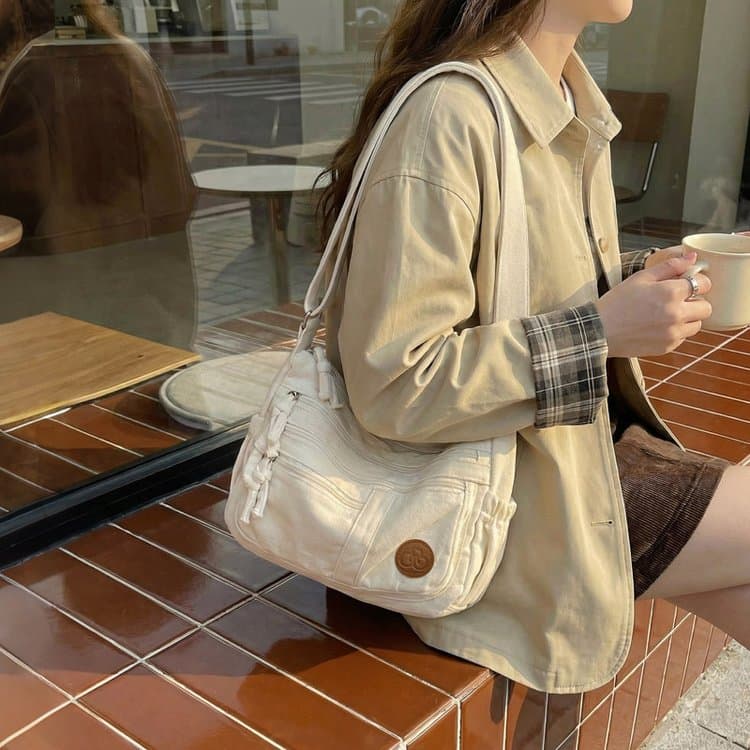 Washed canvas multi-zipper messenger bag women s shoulder bag