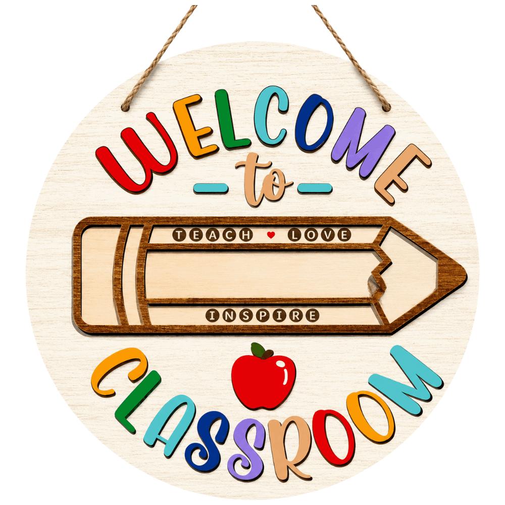 Cute 2D Flat Welcome Sign Round Wooden Ornaments Classroom Door Sign Colorful Decoration School Door Hanging School Decoration