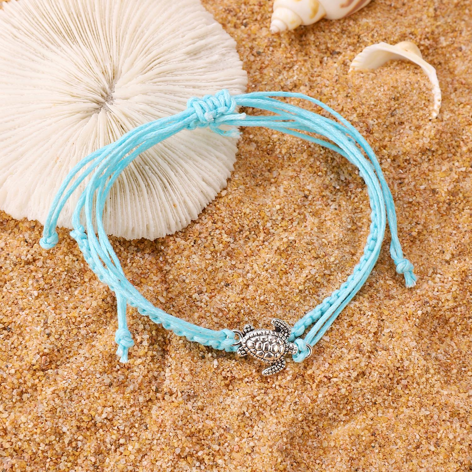 

Винтажный браслет на лодыжку из пеньковой веревки с черепахой: Ручная работа с древним серебряным шармом в виде черепахи