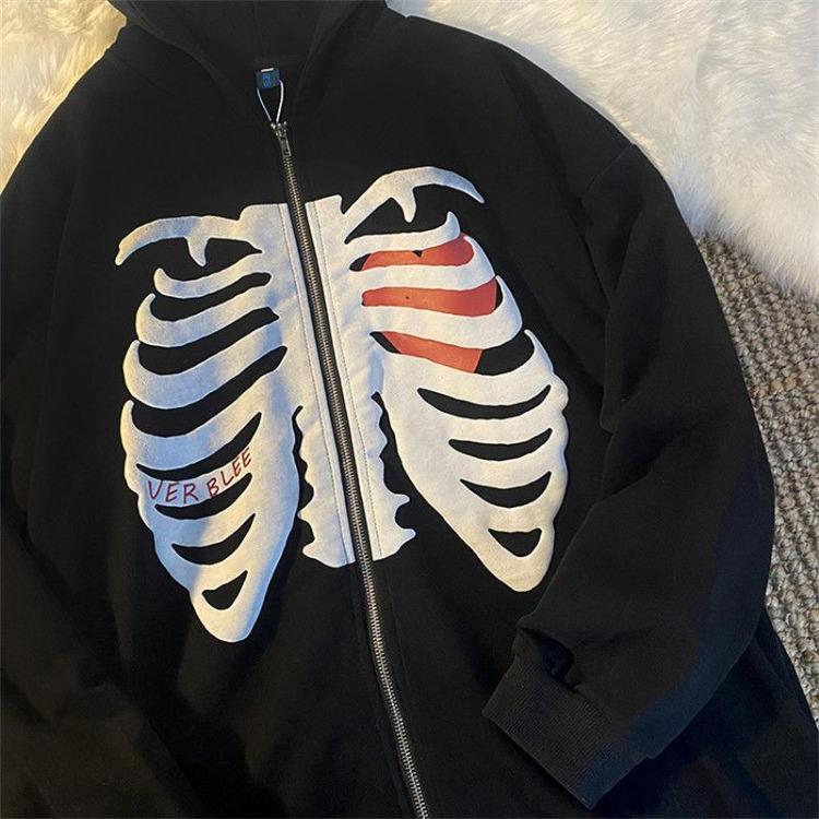 Y2K Gothic Women Oversized Hoodie Skull Print Street Fashion Loose Zipper Sweatshirt Hip Hop Harajuku Trend
