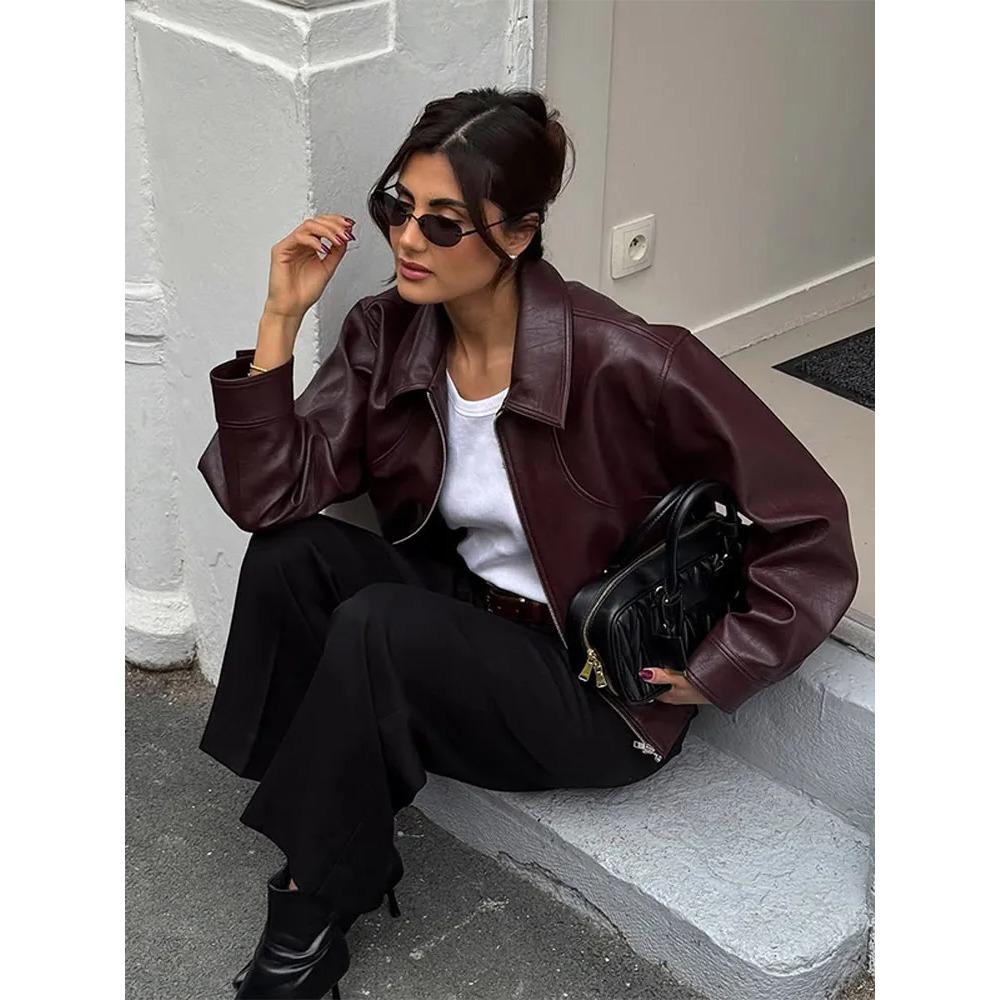 Dámská vínově červená krátká bunda z PU kůže Módní Podzimní Klopový límec Zip High Street Volné Kabáty Dámské Knoflíkové Svrchní Oblečení