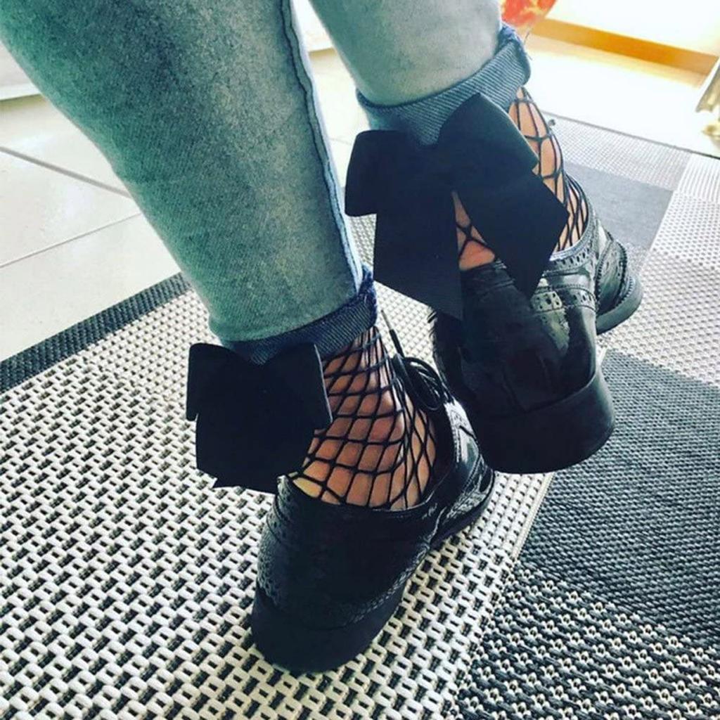 Women Fishnet With Bowknot Socks, Casual Thin Socks With Bow Cute Pantyhose, Lace Fishnet Mesh Nylon Socks (Black, 1 Pair)