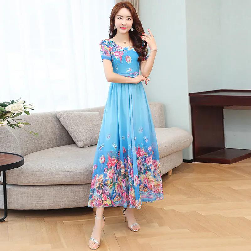 Women's Round Neck Short Sleeve A Line Midi Dress Mid Rise Elegant Floral Print Chiffon Beach Party Maxi Dress