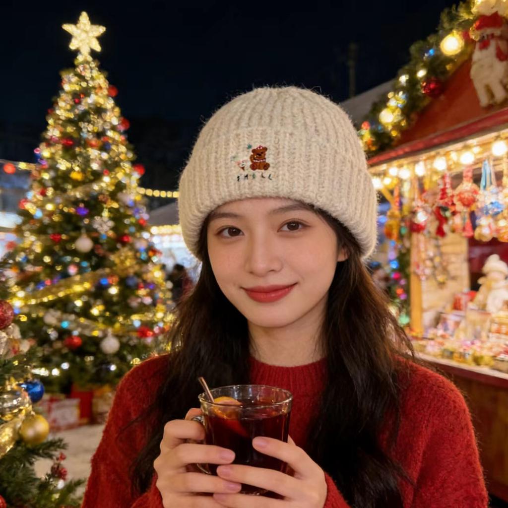 Cute bear embroidered knitted hat women's autumn and winter thickened thermal ear protection hat showing face small cold hat wool hat