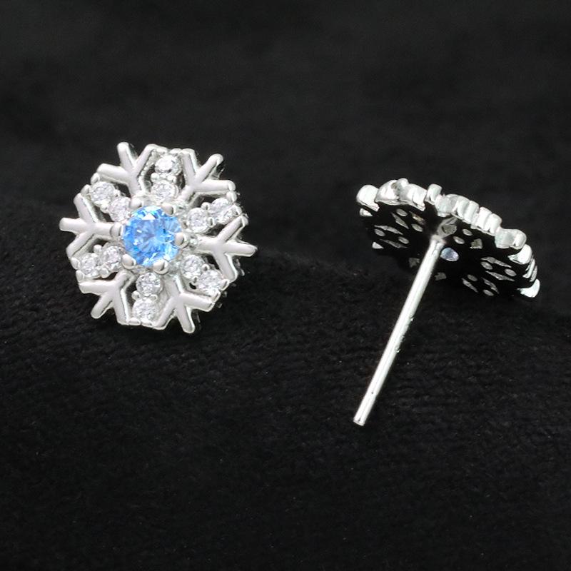 Cercei Stud Stilati din Argint S925 Placat cu Diamante Albastre în Formă de Fulg de Nea pentru Femei