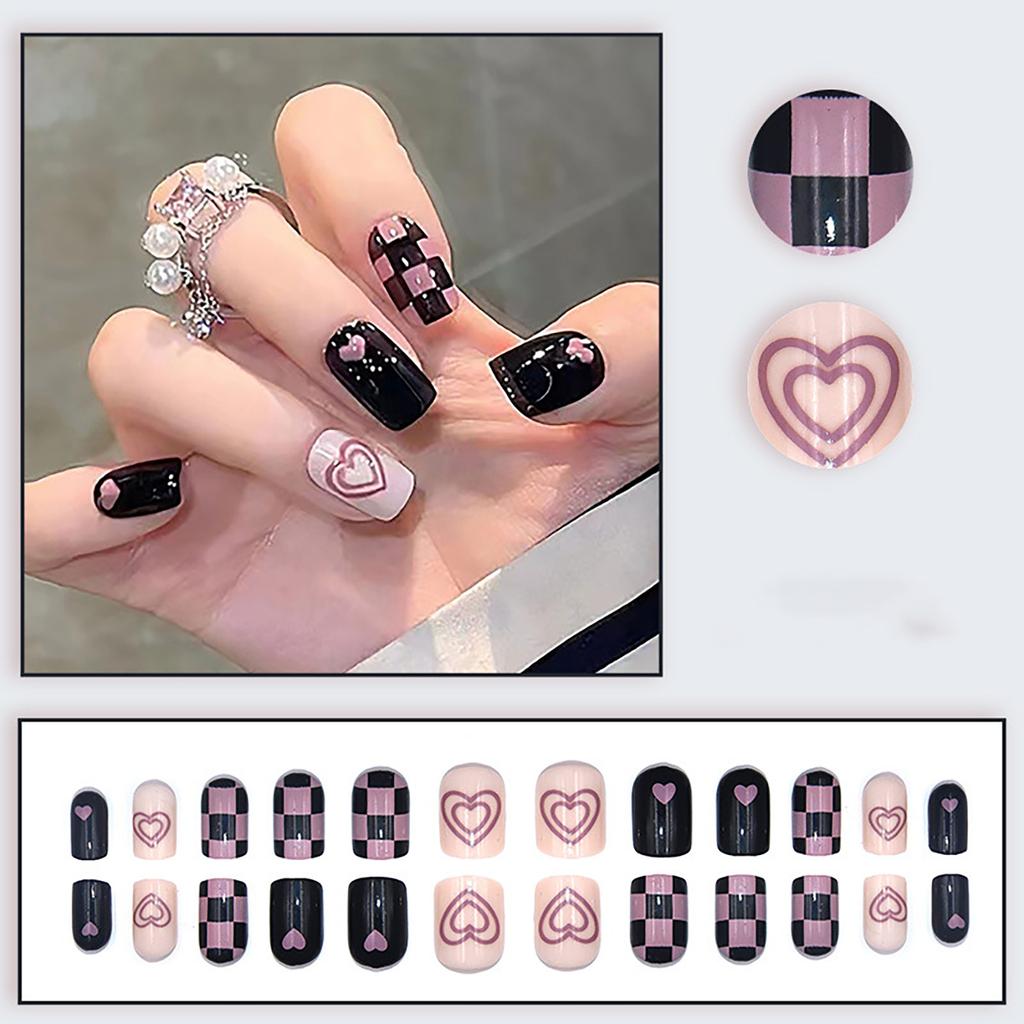 Valentine Fake Nails Short Press On Nails Square Red Full Cover Glue On Nails Valentine Heart-Shaped Nails With Cute Designs Extra Short With 2ml Glue