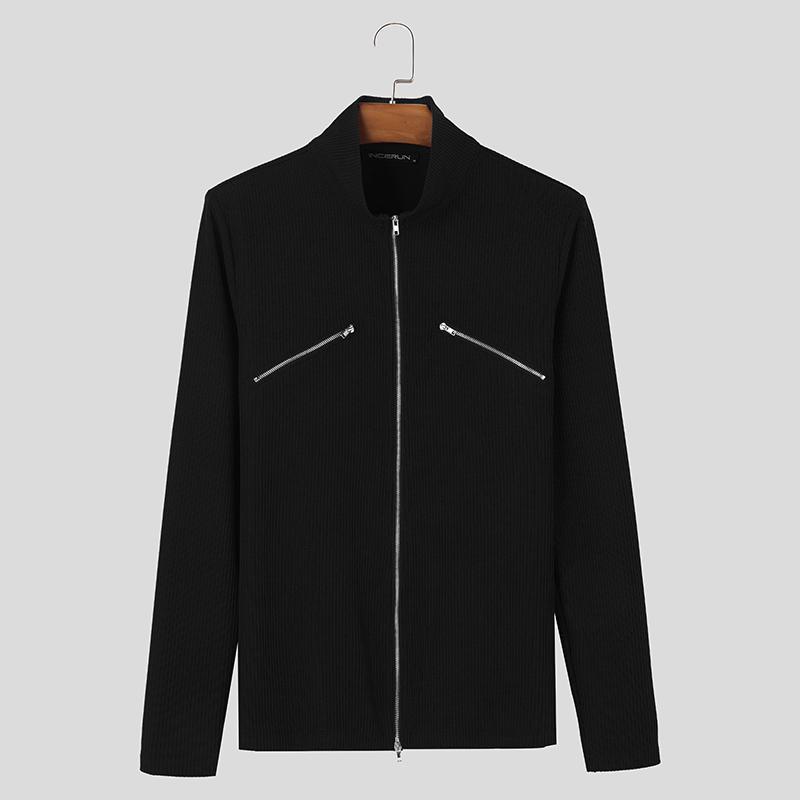 

INCERUN Men Spring Long Sleeve Front Zipper Rib Casual Slim T-shirts Tops 4XL чорний