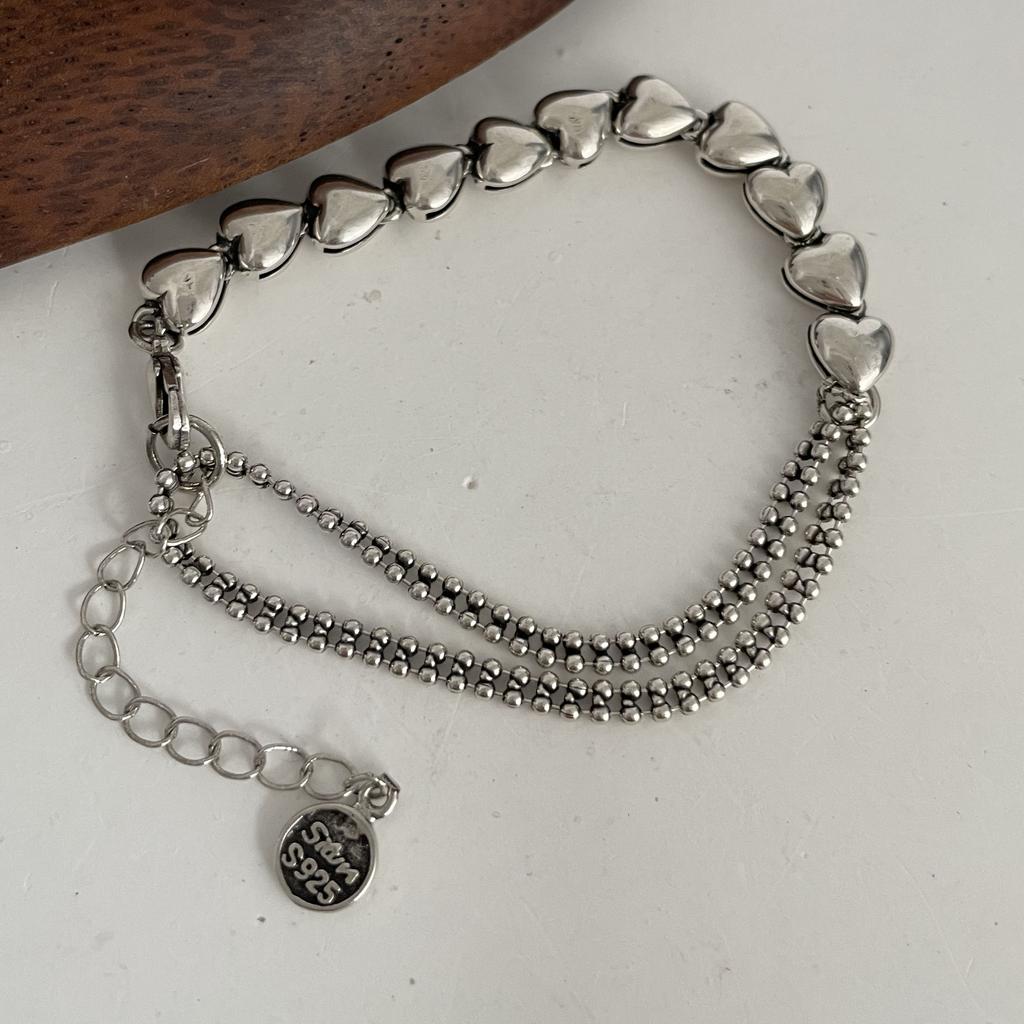 100% Solid 925 Silver Metal Bracelet for Women Vintage Handmade Simple Retro Heart Chain Bracelet Birthday Gift Party