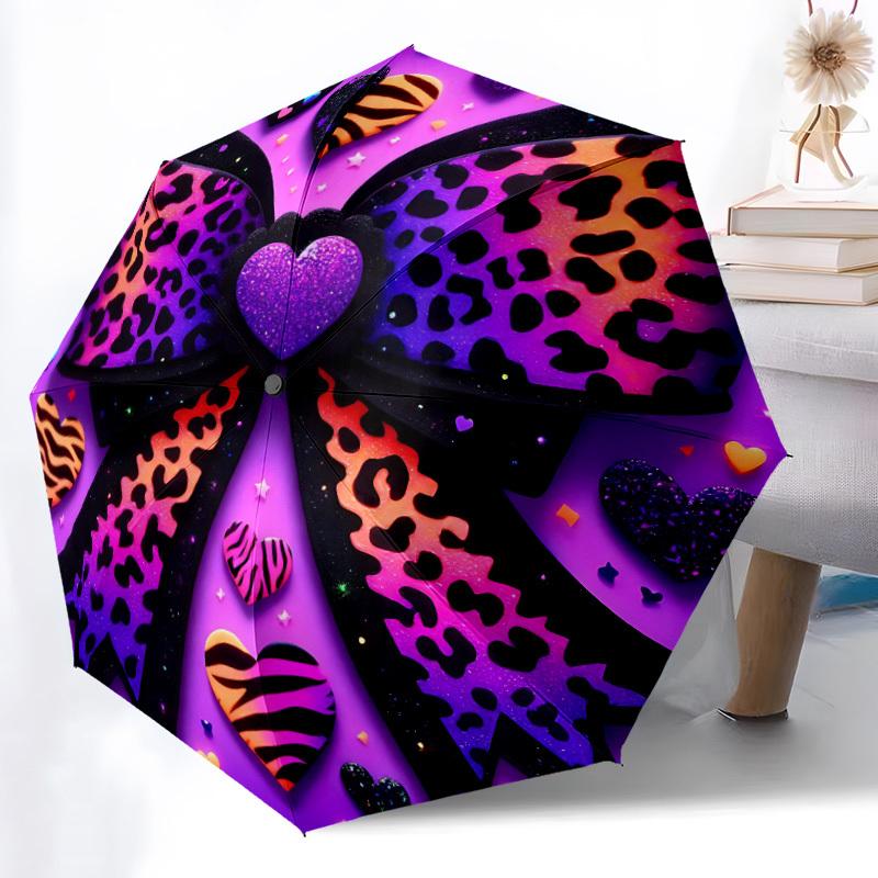 1pc Leopard Print Hearts Automatic Open/Close Umbrella Compact Folding Umbrella, All-Season Portable Umbrella for Women/Men F1124244