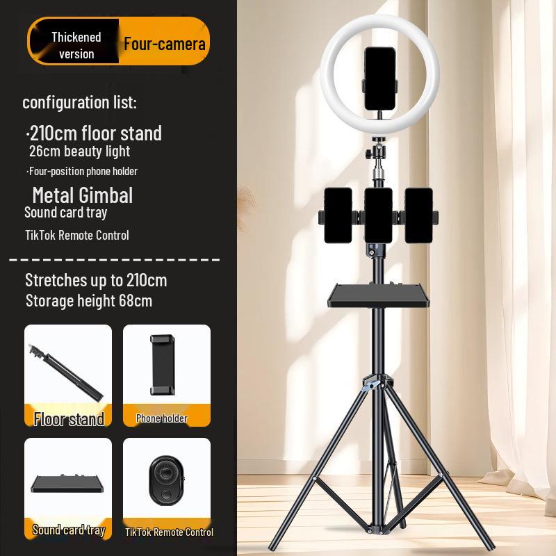 Dual-Position Carbon Steel Phone Stand with Fill Light for Outdoor Streaming