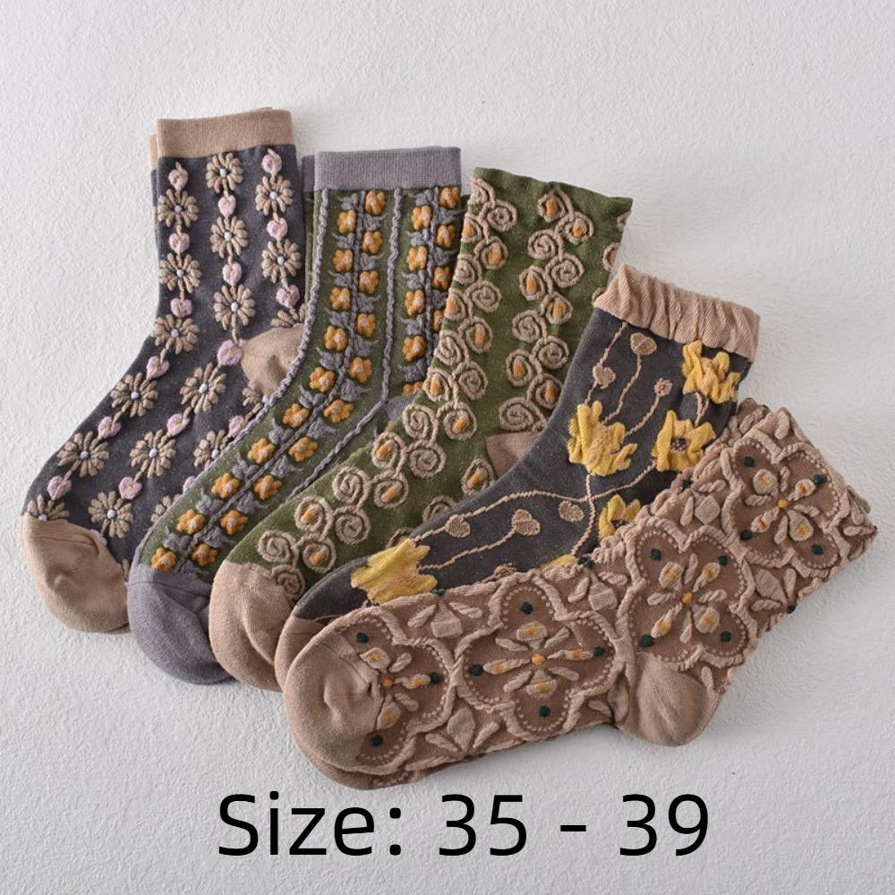 5 Pairs Three-Dimensional Women Textured Socks Palace Style Long Stockings  Spring Autumn