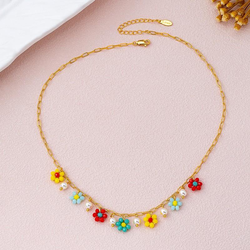 Handwoven Bohemian Floral Pendant Necklace Women Colorful Beaded Chain Lightweight Jewelry Necklace