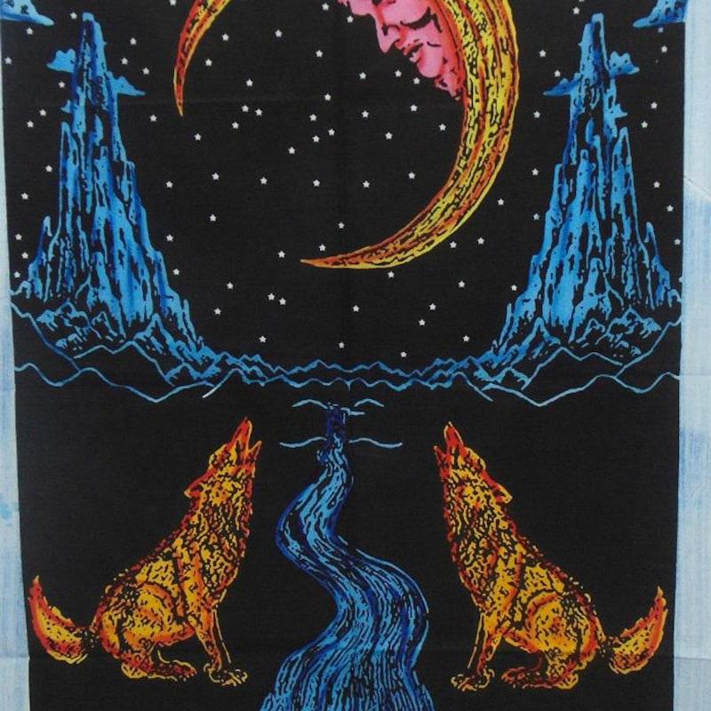 Tapestry Indian brush moon wolf 75x100