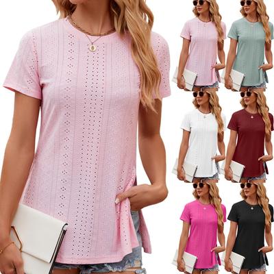 Spring Summer New Women's Solid Color Crew Neck Loose Split Short Sleeve T-shirt Top For Cross-border Trade