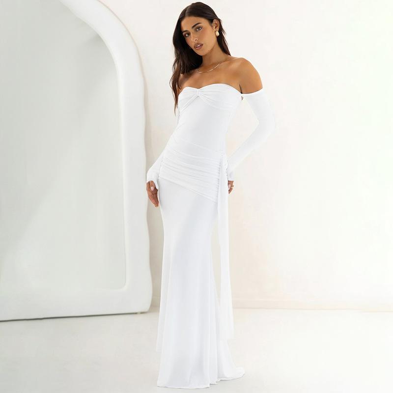 

Autumn new fashion temperament off-the-shoulder hip skirt European and American style long-sleeved pleated streamer dress S белый
