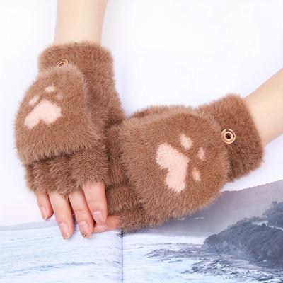 1pair Men Women Fashion Fall Winter Warm Gloves Cat's Paw Style Split Finger Gloves Student Fingerless Gloves Flap Stretch Gloves Warm Gloves
