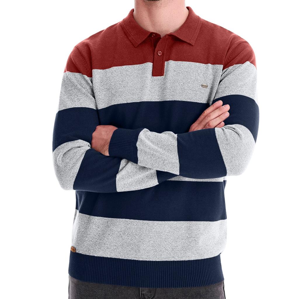 Men's Winter Color Blocked Striped Lapel Button Slim Fit Long Sleeve Top