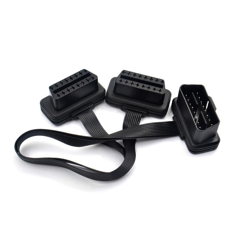Dual Female Y Splitter Elbow 16Pin OBD 2 Extender ODB OBD2 Cable 16 Pin Male To Female Flat Noodle OBD2 Extension Cable