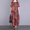 Real Shot Retro Color Dress Women's Loose Long Short-sleeved Summer Dress New Middle-aged Mother Printed Long Dress Round Neck