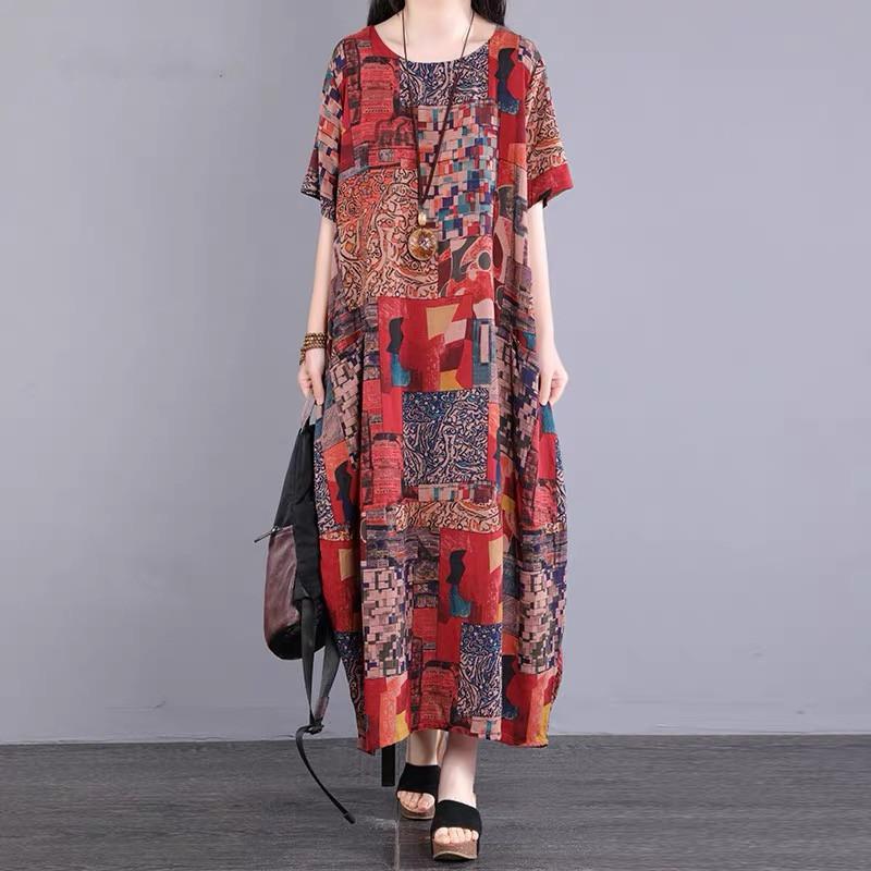 

Свободное длинное летнее платье в стиле ретро с короткими рукавами и круглым вырезом large size XL