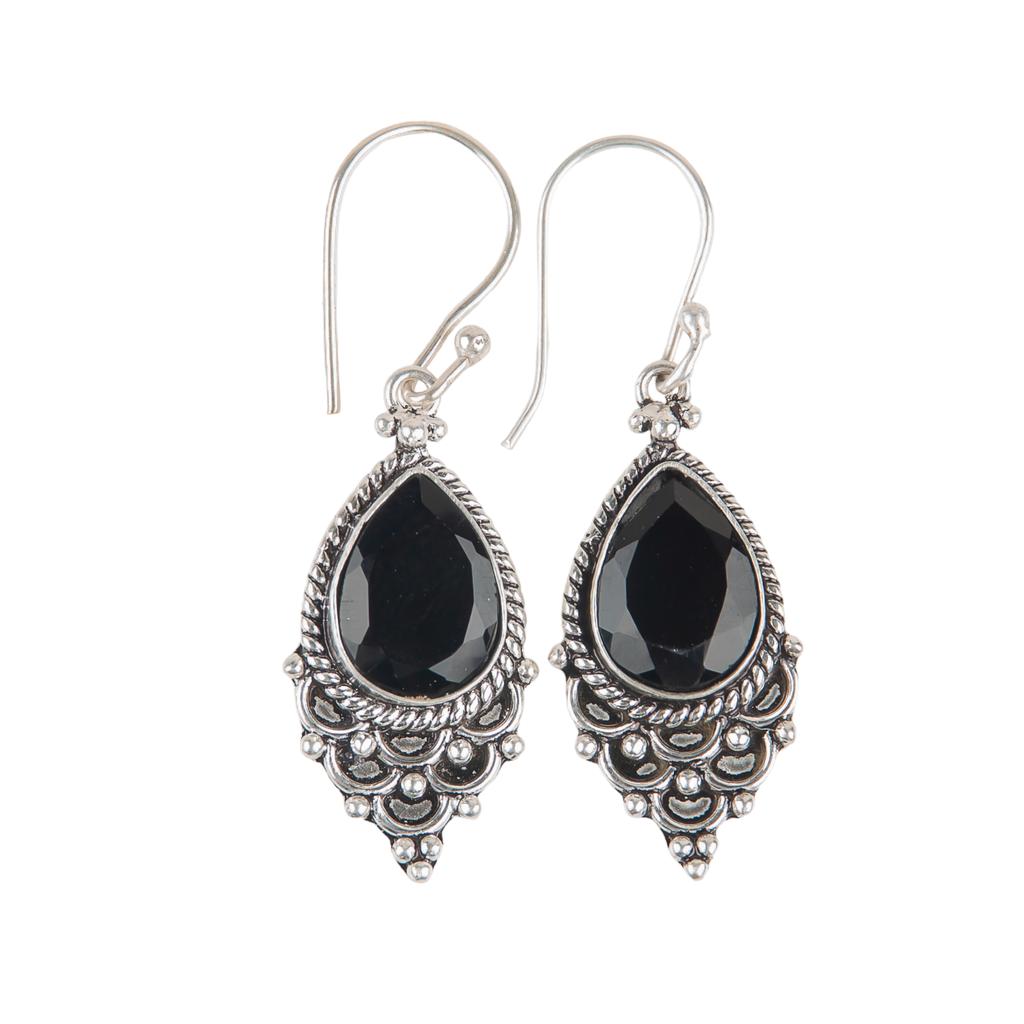 Naturlig Svart Onyx Ädelsten 925 Sterlingsilver Smycken Handgjorda Örhängen 1,9" EE-85-13