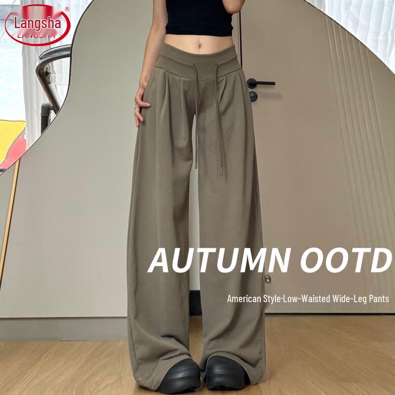 Langsai Women s Retro Low-Waist Drawstring Wide-Leg Pants L