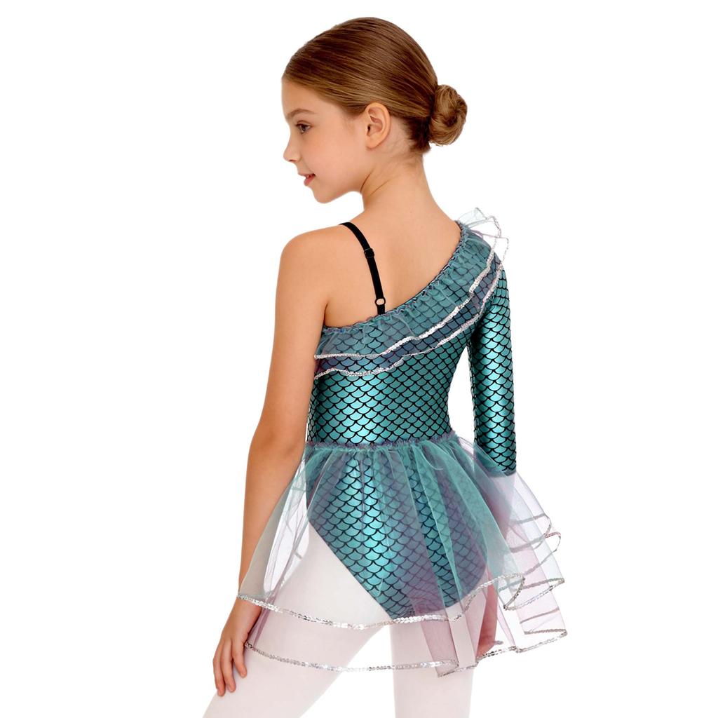 Costum de Sirena pentru Fete cu Mânecă Lungă Salopetă Manșete din Plasă Nasturi Capse Ținută de Scenă