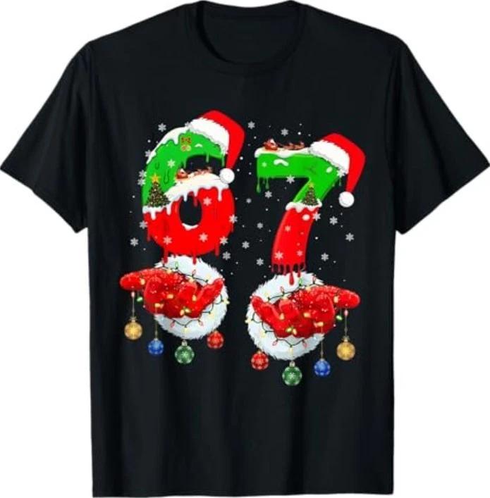 Funny Six Seven 67 Meme 6 7 Christmas Santa Hand T-Shirt S
