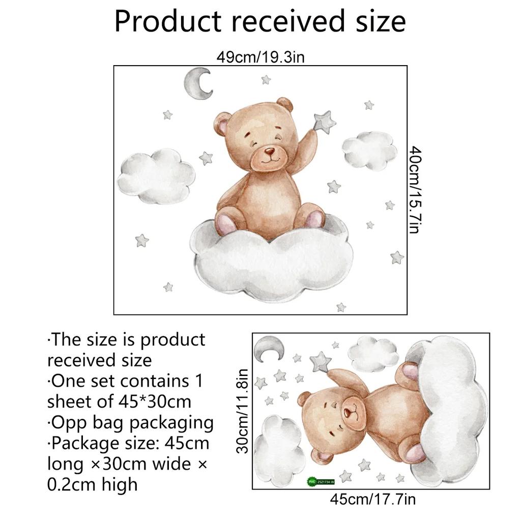 Funy Cute Bear Wall Stickers Cartoon Animals Flying Stars Cloud for Nursery Home Decor Art Kids Room Decal PVC Removable Posters
